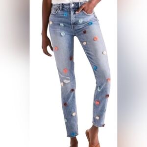 Lucky Brand "Bridgette" Mid-Rise Pom Pom Skinny Jeans